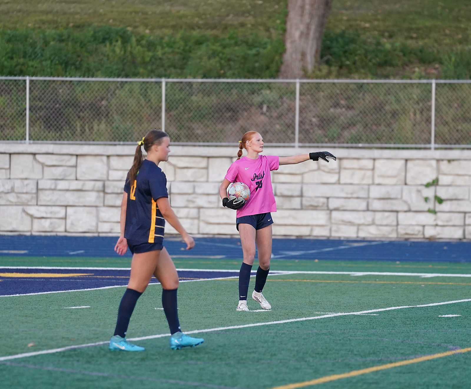 Rosemount goalkeeper directing her teammates during a home match