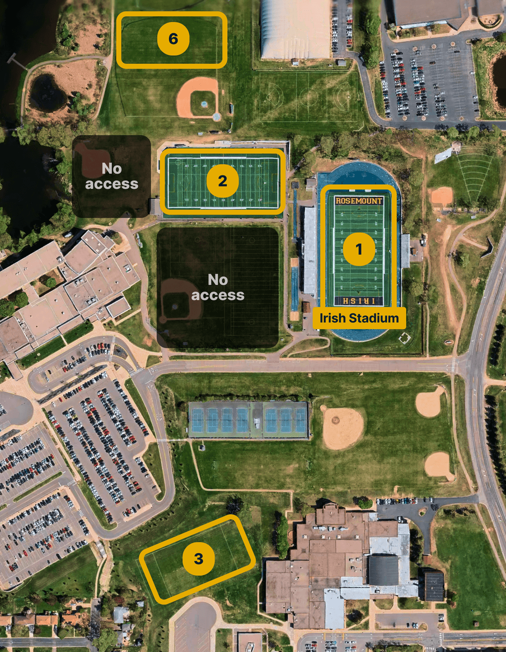 Aerial map of Rosemount High School highlighting fields 1, 2, 3, and 6, with Irish Stadium and restricted-access areas labeled